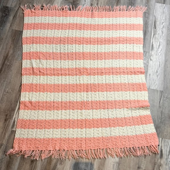 Homemade Knitted Crocheted Afghan Throw Fringe Pink White Striped Cottagecore